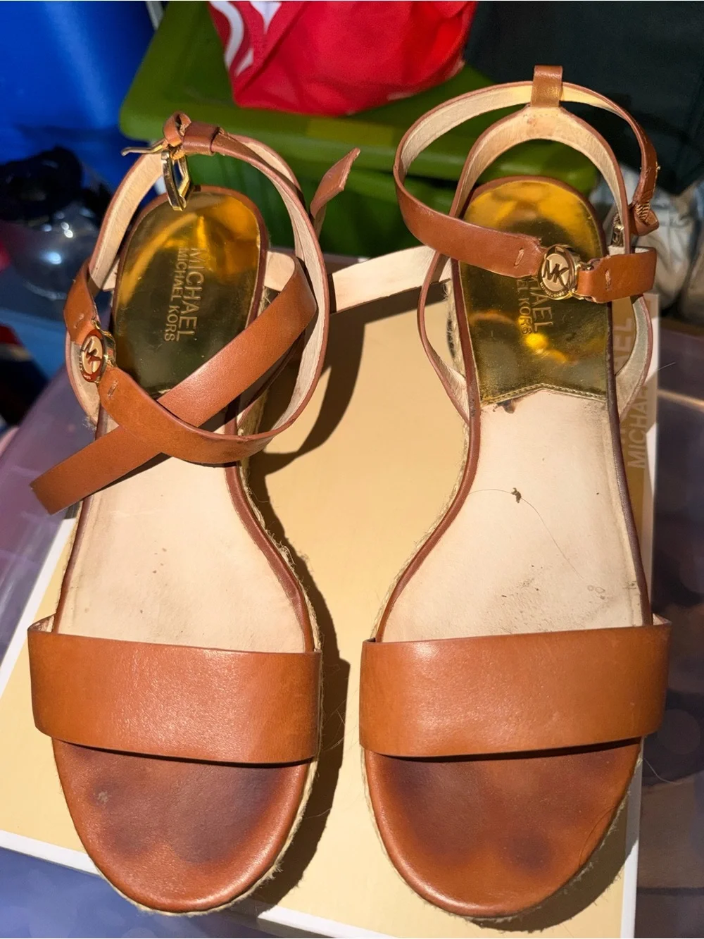 Michael Kors Brown Leather Espadrille Wedge Sandals, with Box